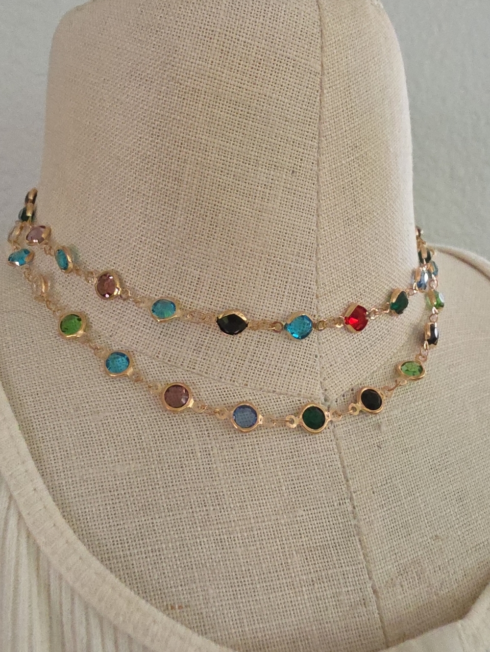 Gold-Tone Multicolor Bezel Link Necklace - Layered Gemstone Statement